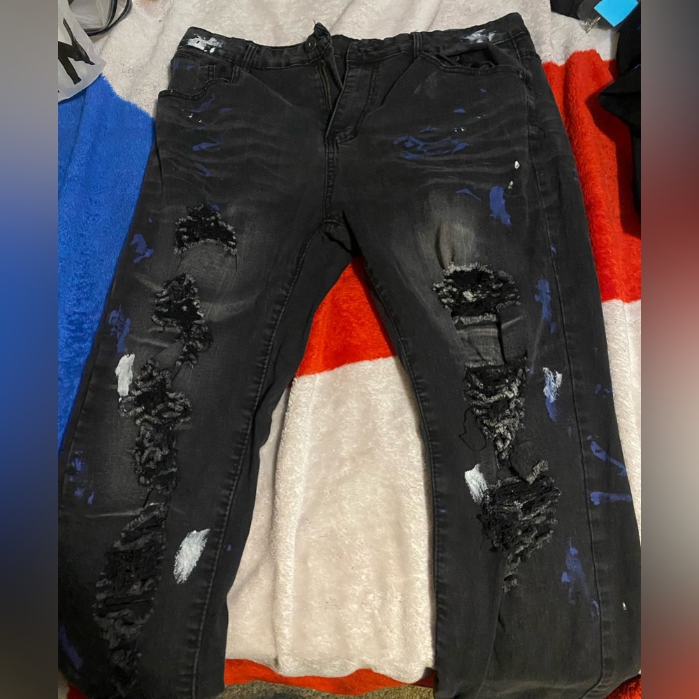 Black, Blue and White Ripped Jeans